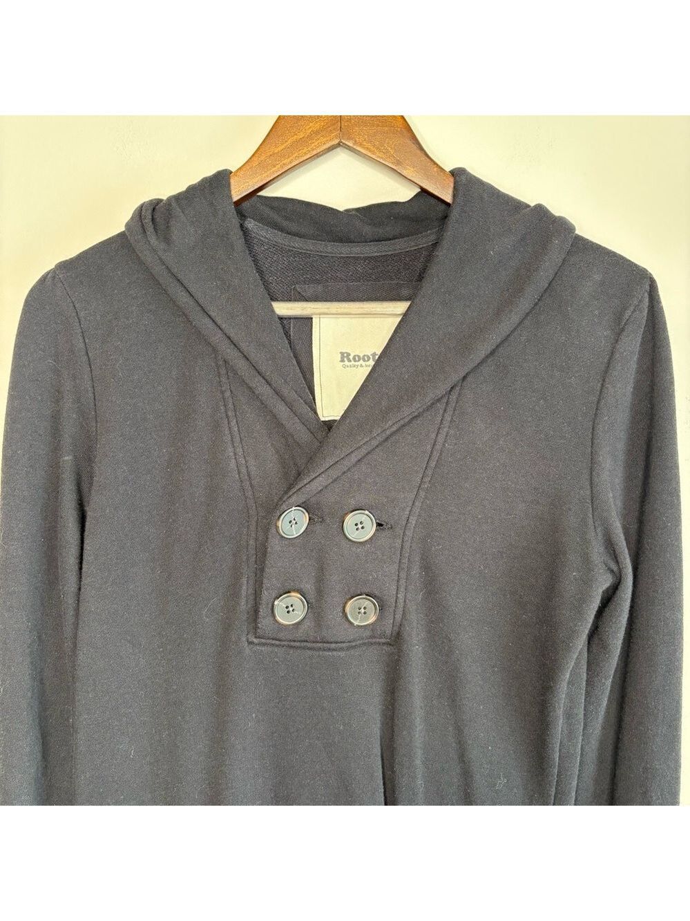 Roots Black Hoodie Dress Button Neck Medium - Picture 2 of 11